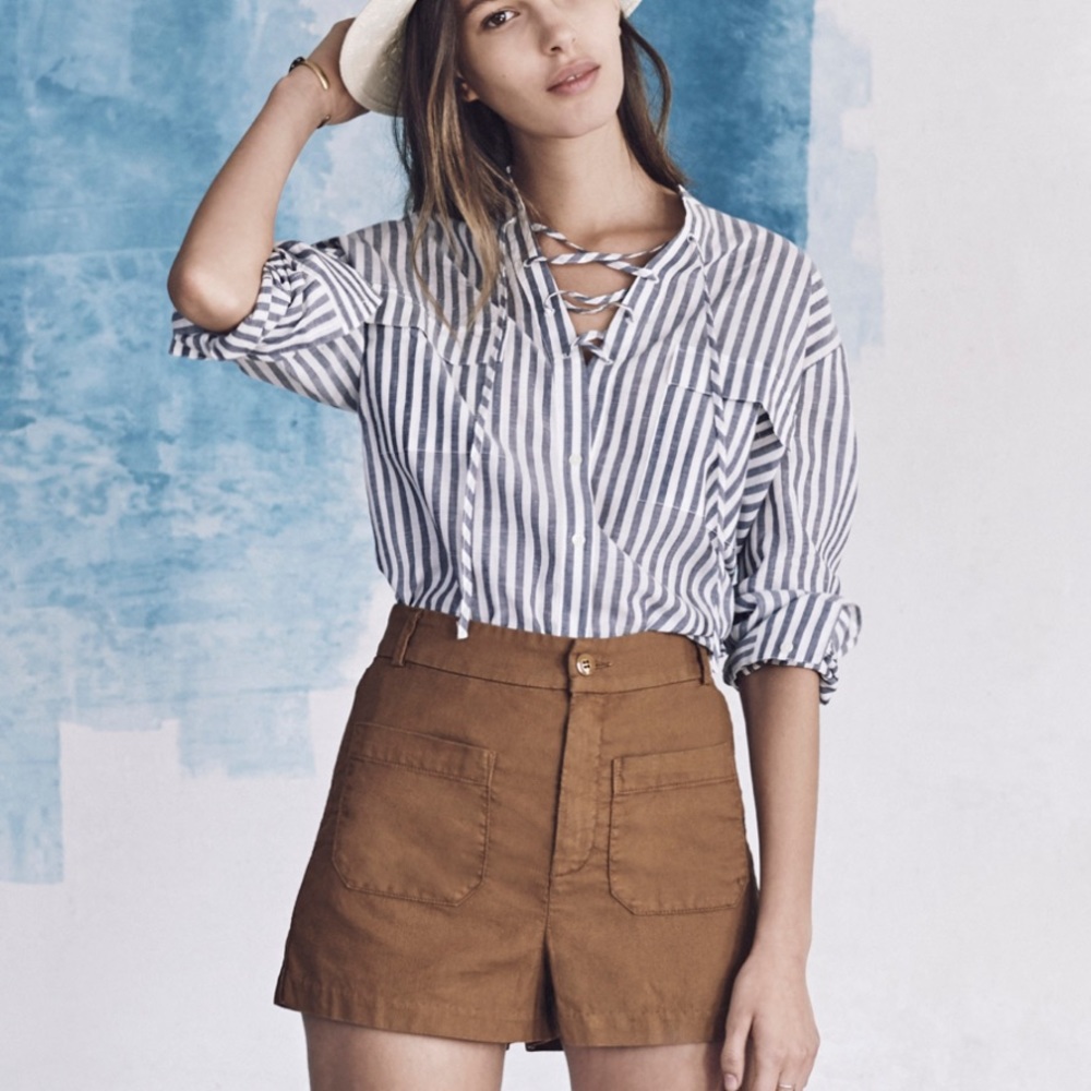 MADEWELL Striped Terrace Lace-Up Long Sleeve Top Blue White Size Small F26